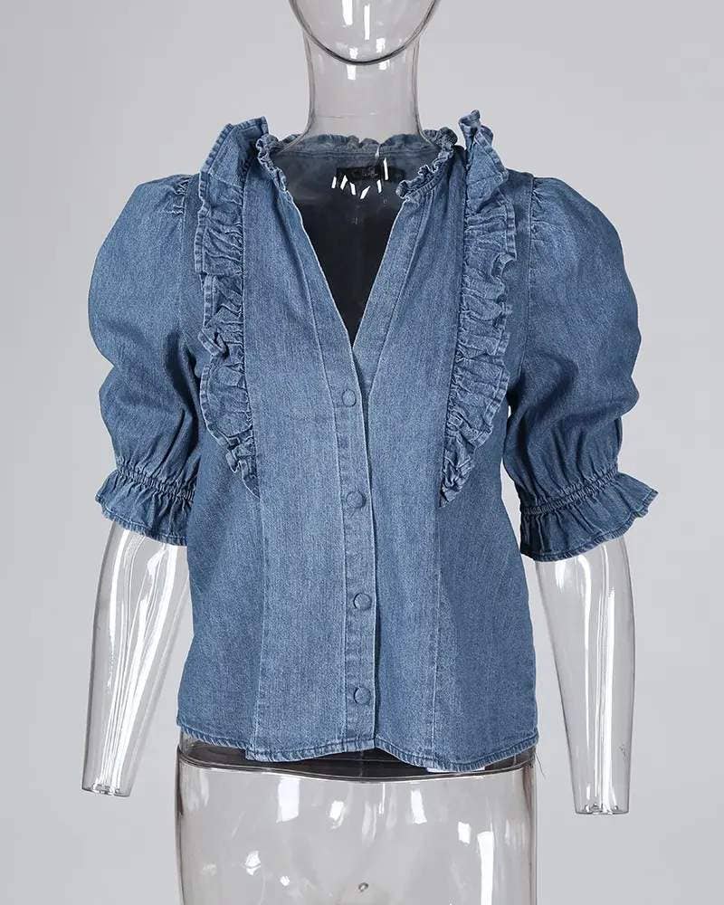 Ruffles frill hem buttoned denim top