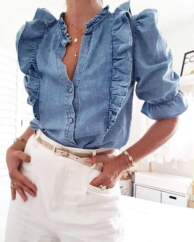 Ruffles frill hem buttoned denim top