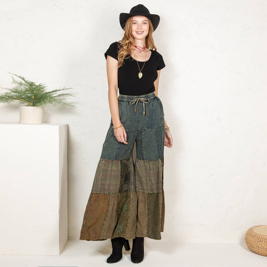 Western Boho Chic: Tiered Patch Inserted Denim Pants