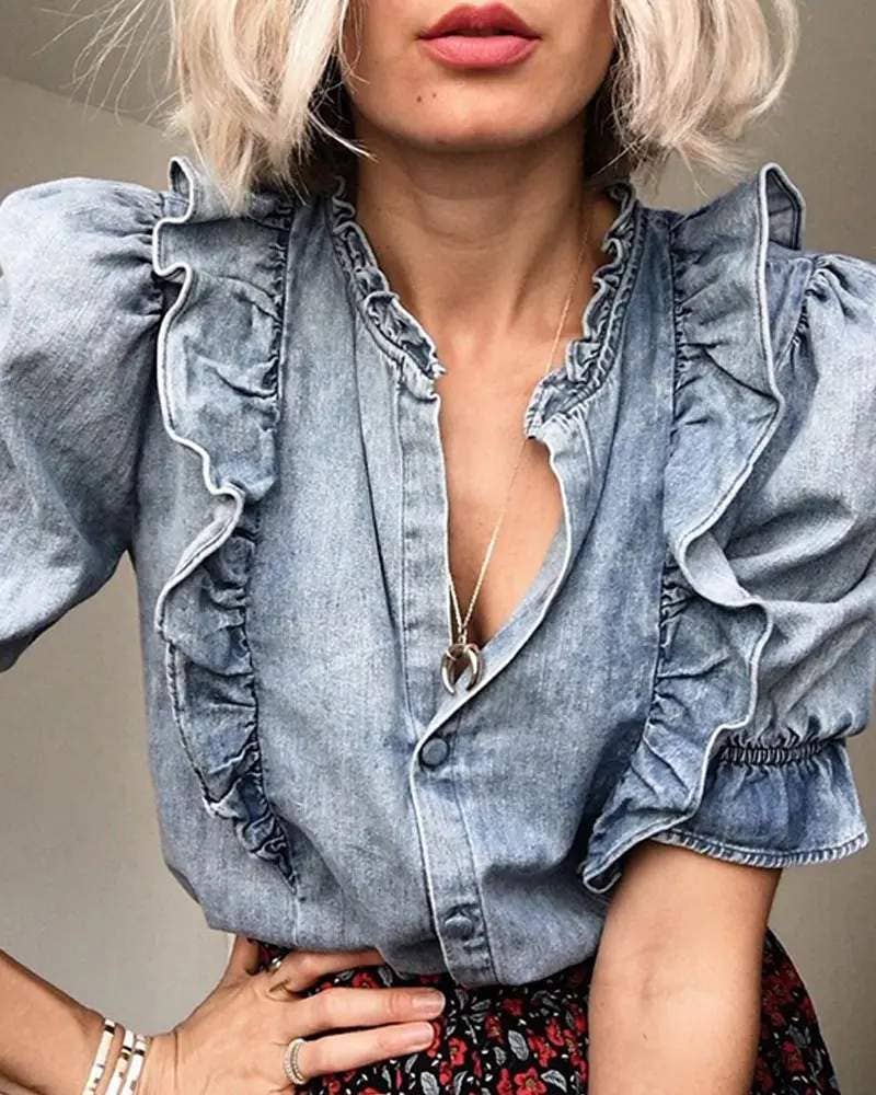 Ruffles frill hem buttoned denim top