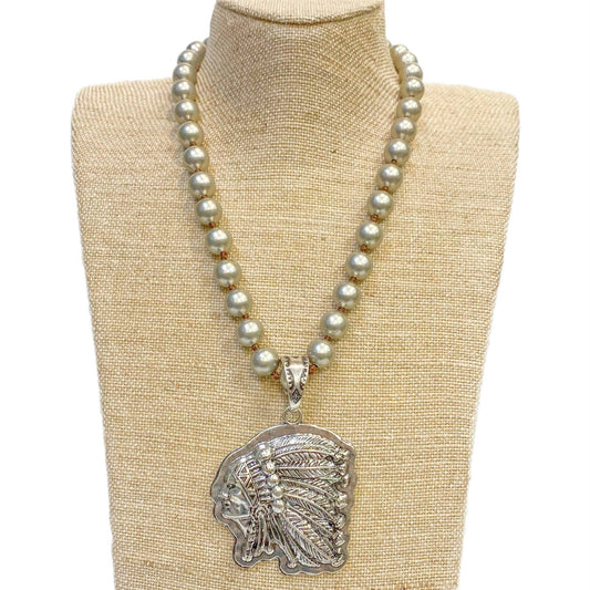 Indian Face Pendant on Faux Navajo Pearl Necklace