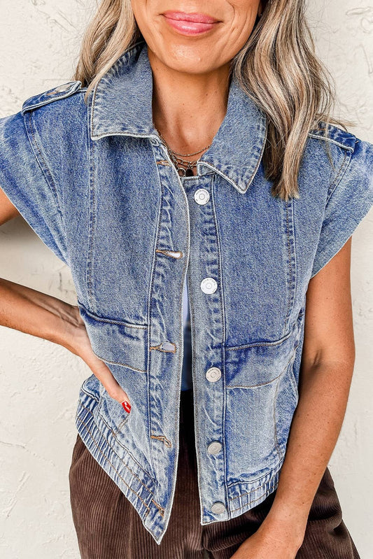 Acid Wash Elastic Hem Button Up Denim Vest/ jacket