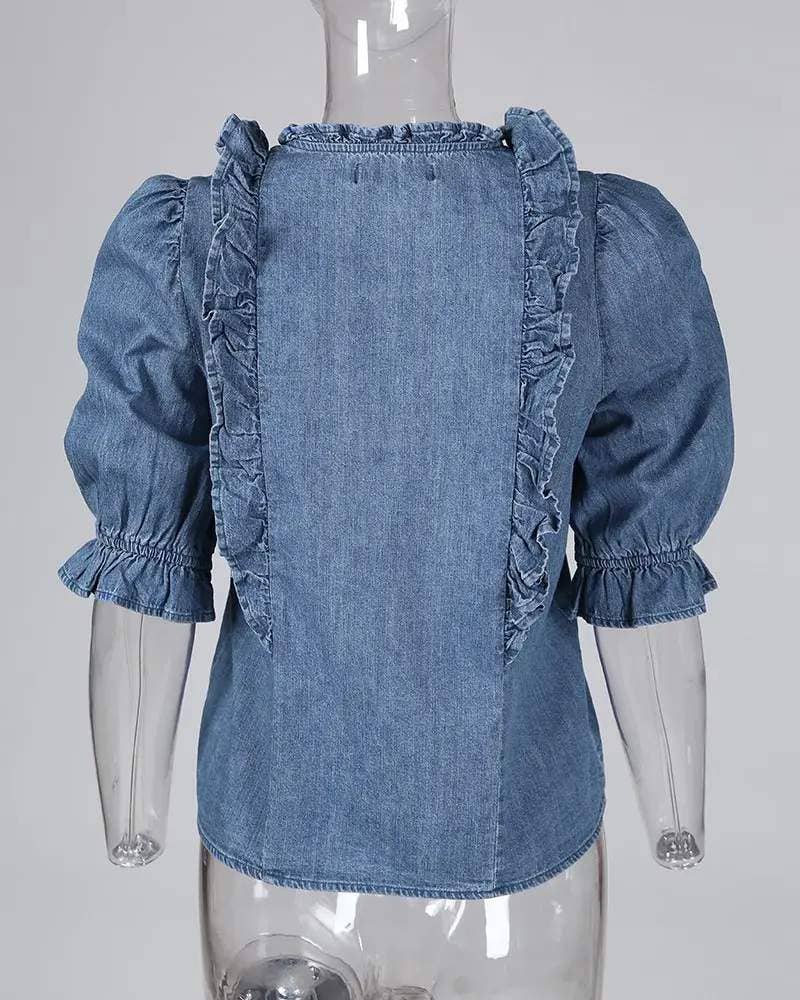 Ruffles frill hem buttoned denim top