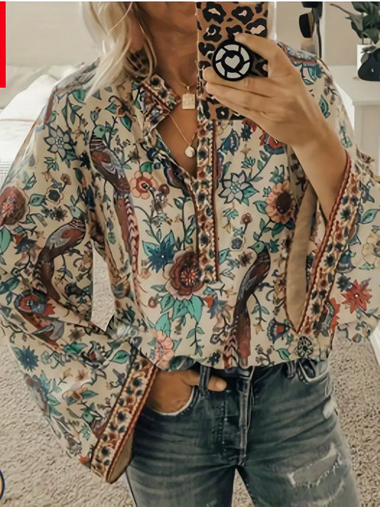 Long Sleeve Floral Printed Loose V-Neck Top