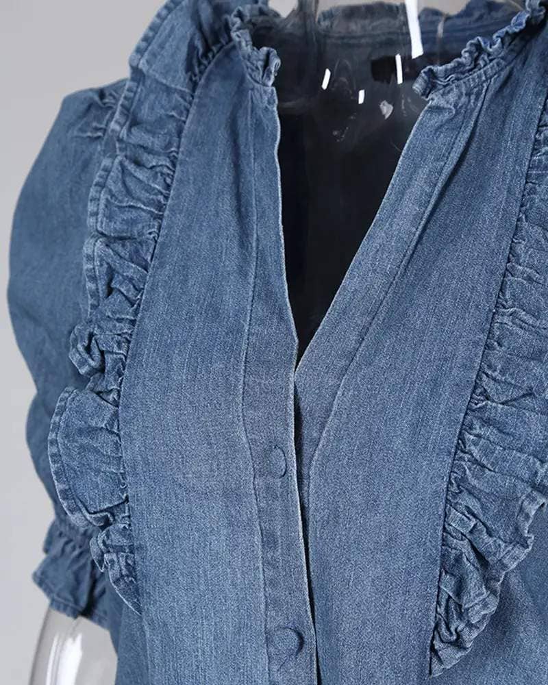 Ruffles frill hem buttoned denim top