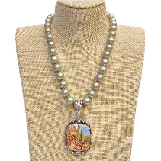 Desert Scene Pendant on Faux Navajo Pearl Necklace