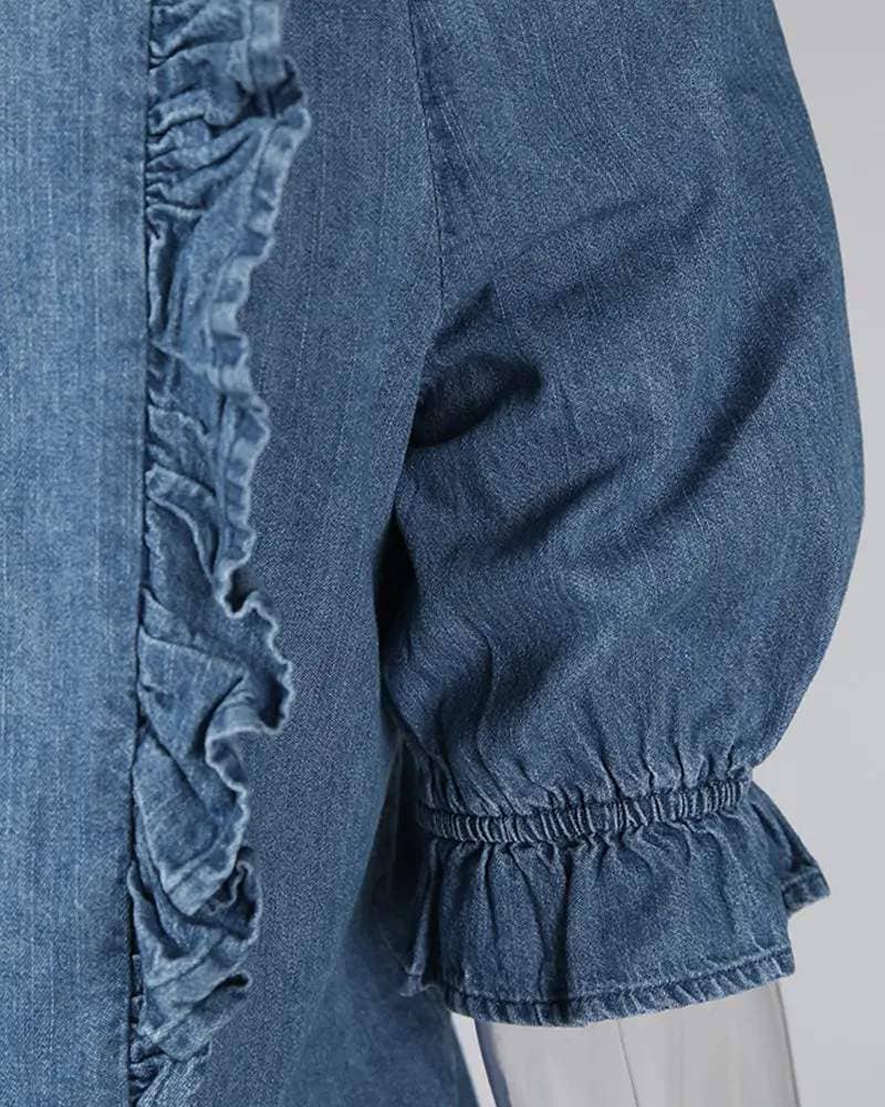 Ruffles frill hem buttoned denim top