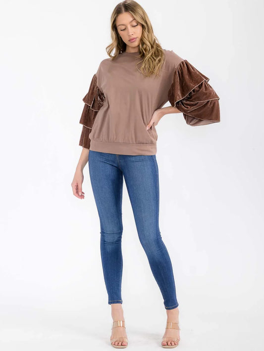 Ruffle sleeve velvet blouse