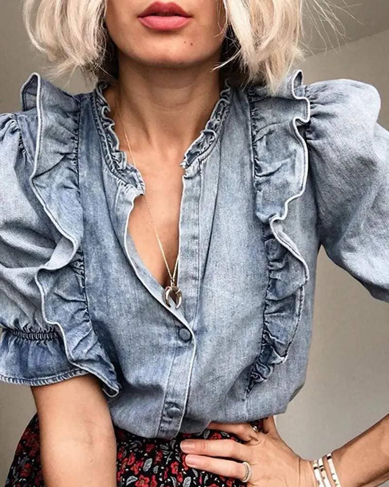 Ruffles frill hem buttoned denim top