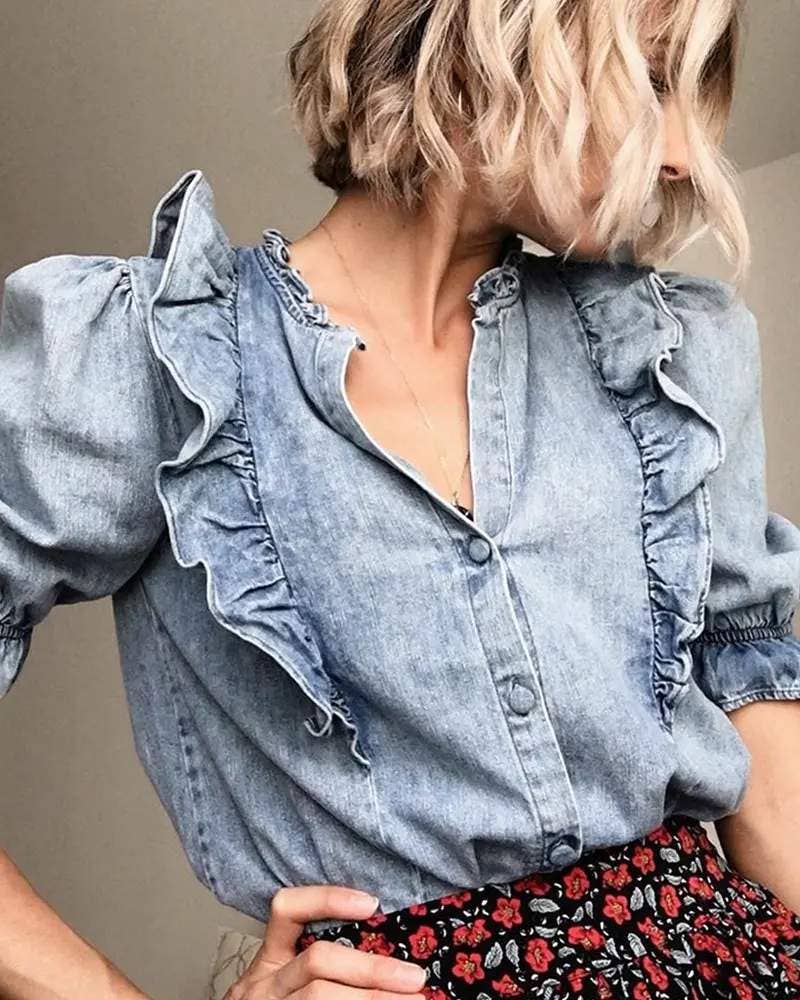 Ruffles frill hem buttoned denim top