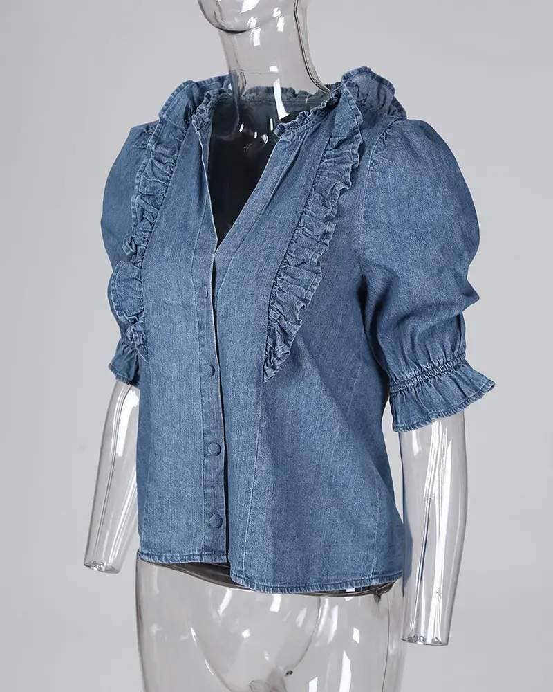 Ruffles frill hem buttoned denim top