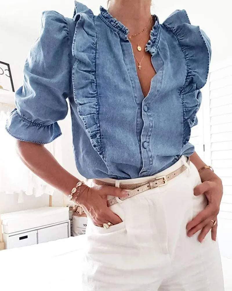 Ruffles frill hem buttoned denim top